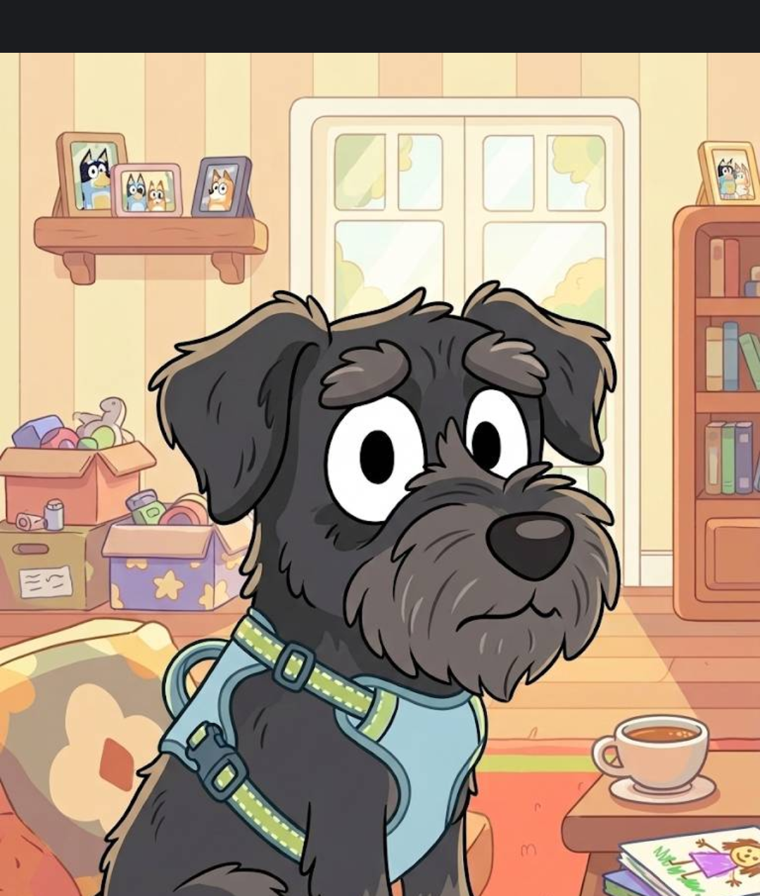 A grey schnauzer dog rendered in the Bluey cartoon style